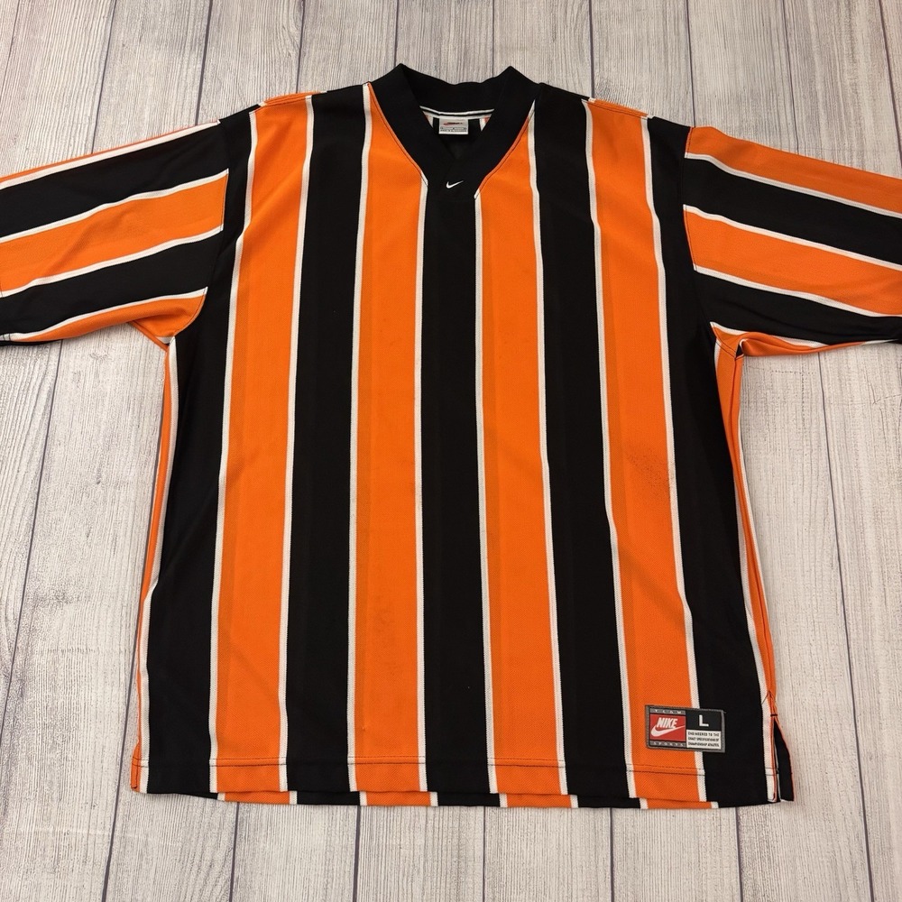 Vintage 90s Nike Team Sports Soccer Jersey Large Orange Black Striped Swoosh